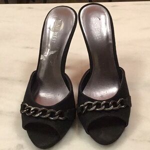 Nine West black cloth and chain accent slide on heels